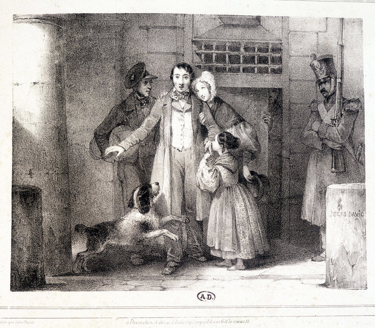 Mann verlässt das Gefängnis und wird mit seiner Familie wiedervereint, ca. 1830. von Jules David