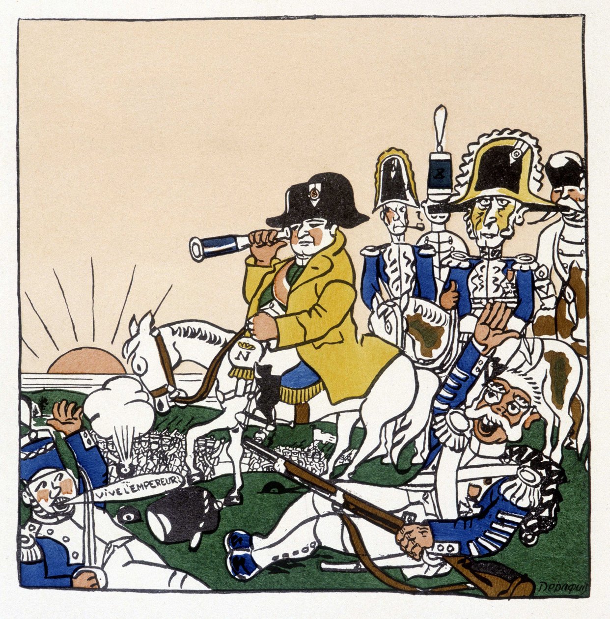 Napoleon in der Schlacht von Austerlitz (1805) - in „Geschichte Frankreichs“ von Jules Depaquit, ill. von ihm selbst, ed. Jonquières, Paris von Jules Depaquit
