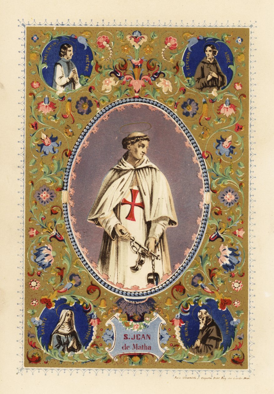 Porträt von Saint John of Matha, Gründer des Ordens der Heiligsten Dreifaltigkeit, mit Heiligenschein, in Kreuzritterroben, hält Fesseln befreiter Christen von Jules Desportes