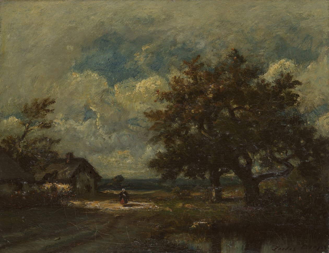 Das Häuschen am Straßenrand, stürmischer Himmel, ca. 1860 von Jules Dupré