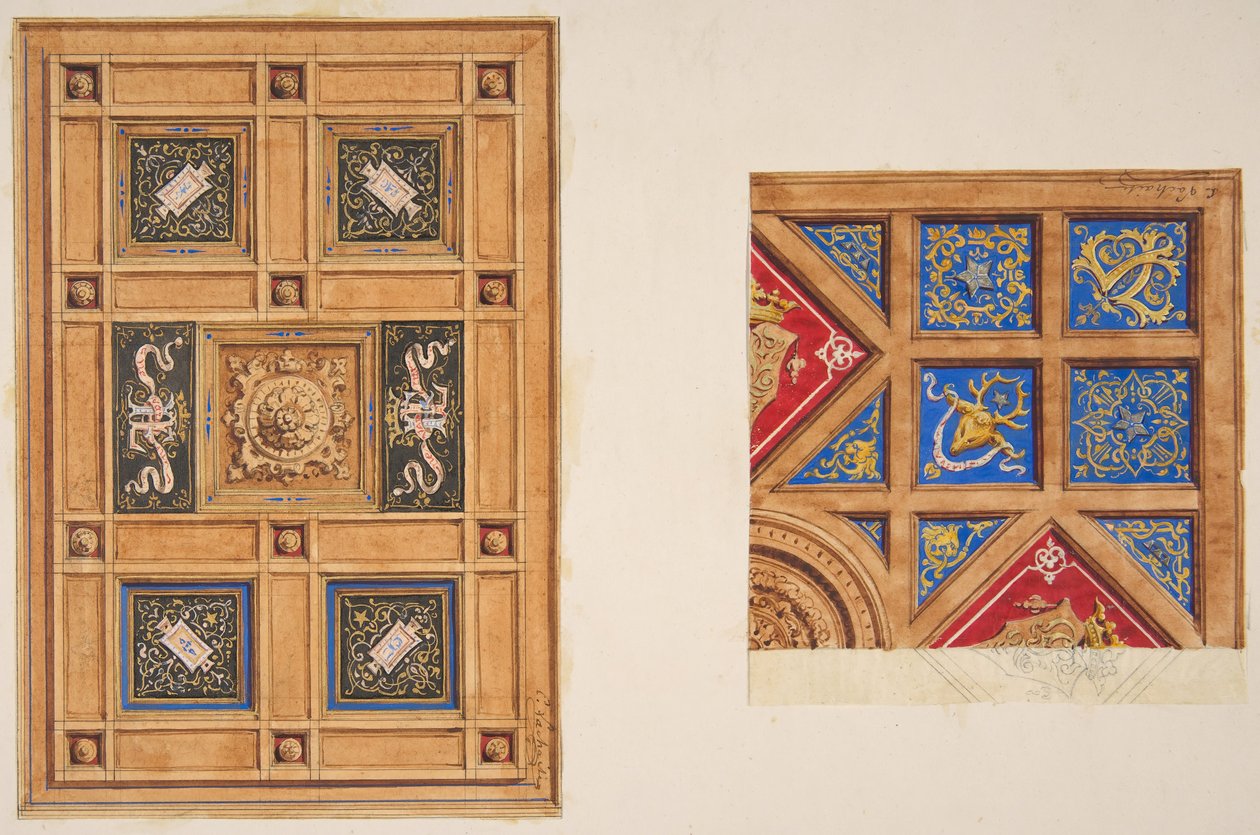 Zwei Entwürfe für eine getäfelte Decke mit gemalter Dekoration, 19. Jahrhundert von Jules Edmond Charles Lachaise and Eugène Pierre Gourdet