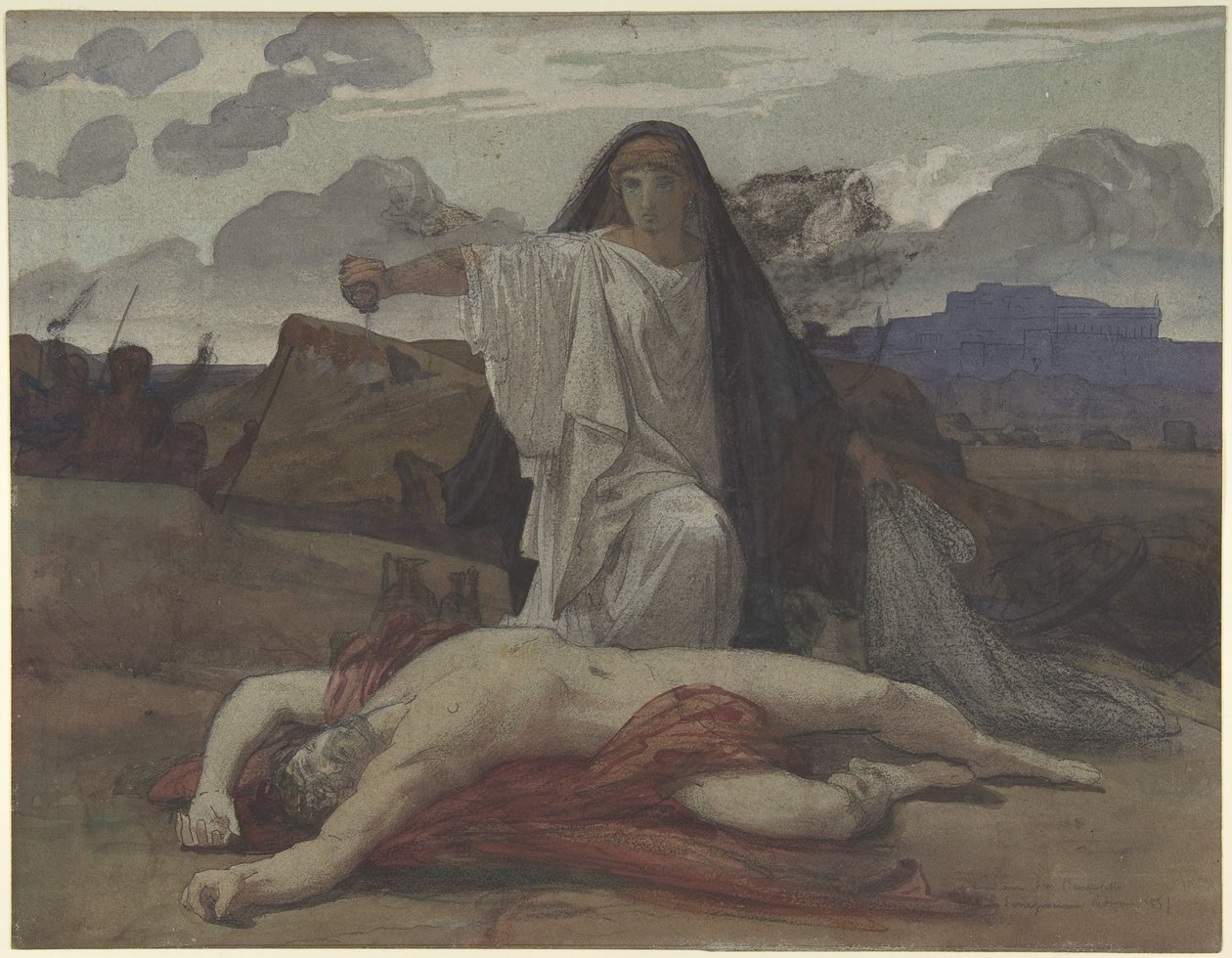 Antigone gibt ihrem Bruder Polyneikes ein symbolisches Begräbnis von Jules Eugene Lenepveu