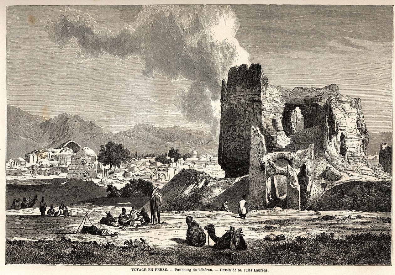 Die Vororte von Teheran (heutiges Iran). Zeichnung von Jules Laurens (1825-1901), zur Illustration von Arthur Gobineaus Reise nach Persien von 1855 bis 1858. Gravur in „Le tour du monde, nouveau journal des voyages“ Paris von Jules Joseph Augustin Laurens