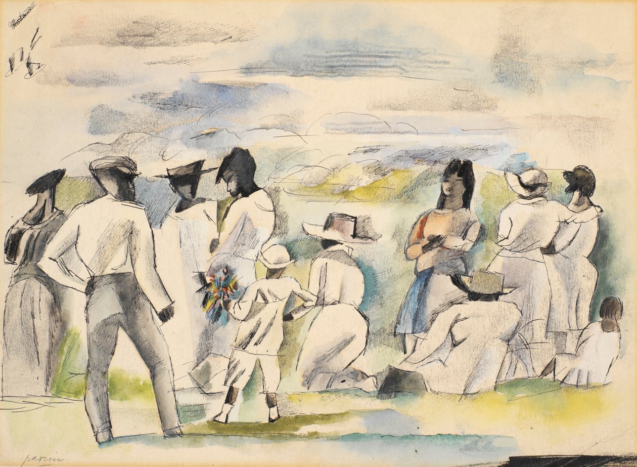 Gruppe von Figuren mit Junge, der Blumen hält von Jules Pascin