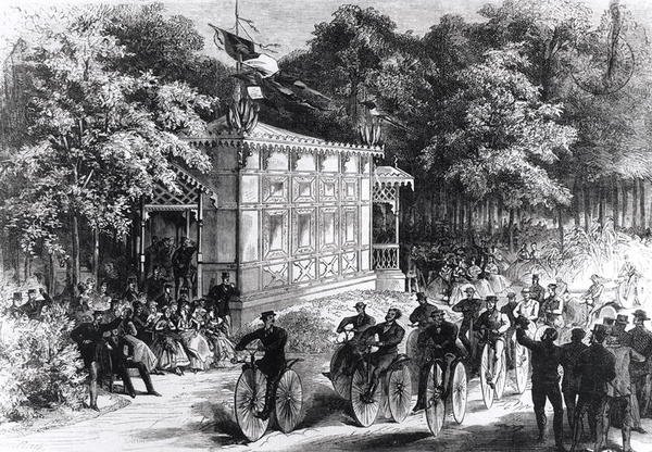 Ein Velocipede-Rennen im Pré Catelan, um 1860-70 von Jules Pelcoq