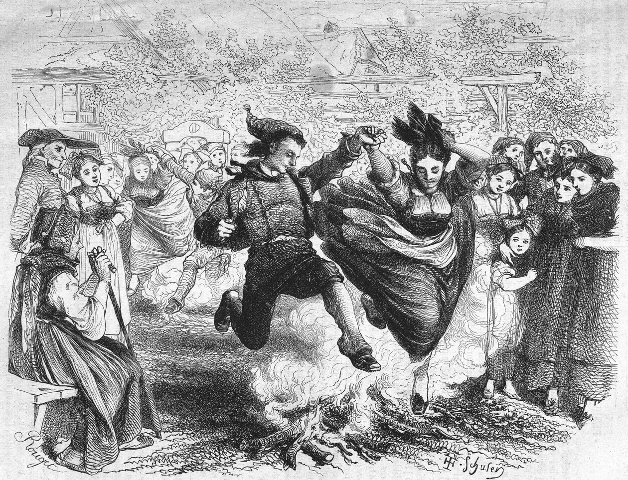Das Feuer von Saint John im Elsass in der Mitte des 19. Jahrhunderts. Gravur nach der Zeichnung von TH. Schuler. von Jules Theophile (after) Schuler