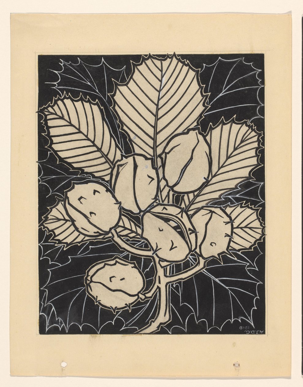 Blatt einer Kastanie mit Früchten von Julie de Graag (signed by artist)