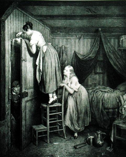Der neugierige Parker bestraft, graviert von Alphonse Leon Noel (1807-84) von Julien (after) Vallou de Villeneuve