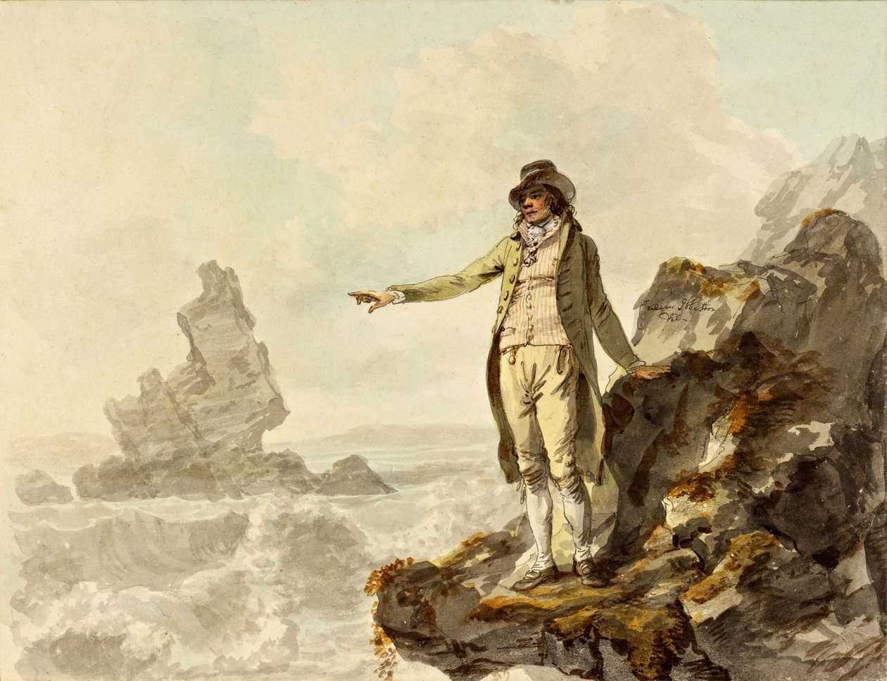 Der Führer zur Stackpole-Landschaft zeigt auf Stack Rock, Pembrokeshire, 1793 von Julius Caesar Ibbetson