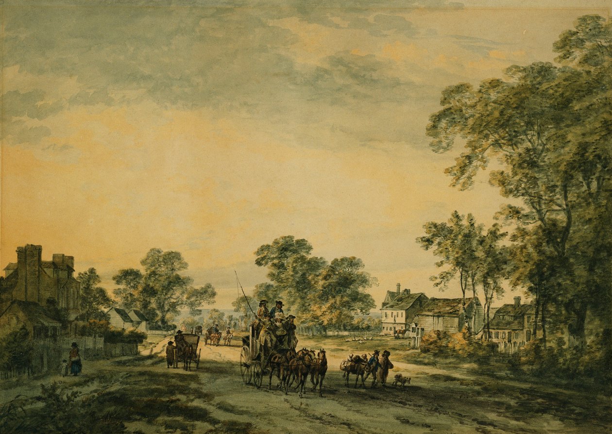 Eine Kutsche und Figuren auf einer Landstraße von Julius Caesar Ibbetson