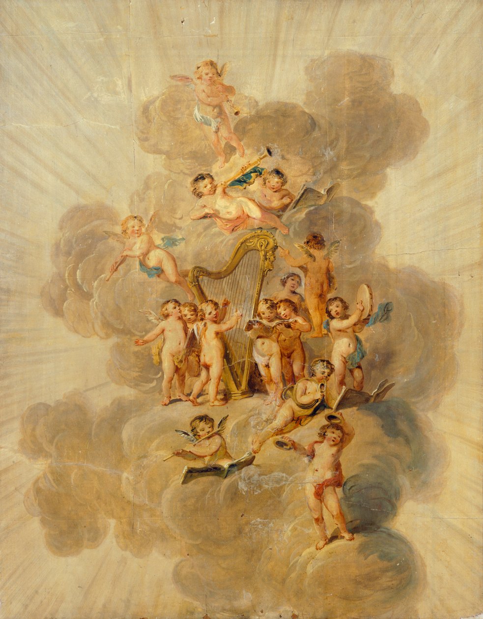 Geflügelte Cherubim mit Musikinstrumenten, Abschnitt der Musikzimmer-Dekorationsleiste, Kenwood House, London (Tapete) von Julius Caesar Ibbetson