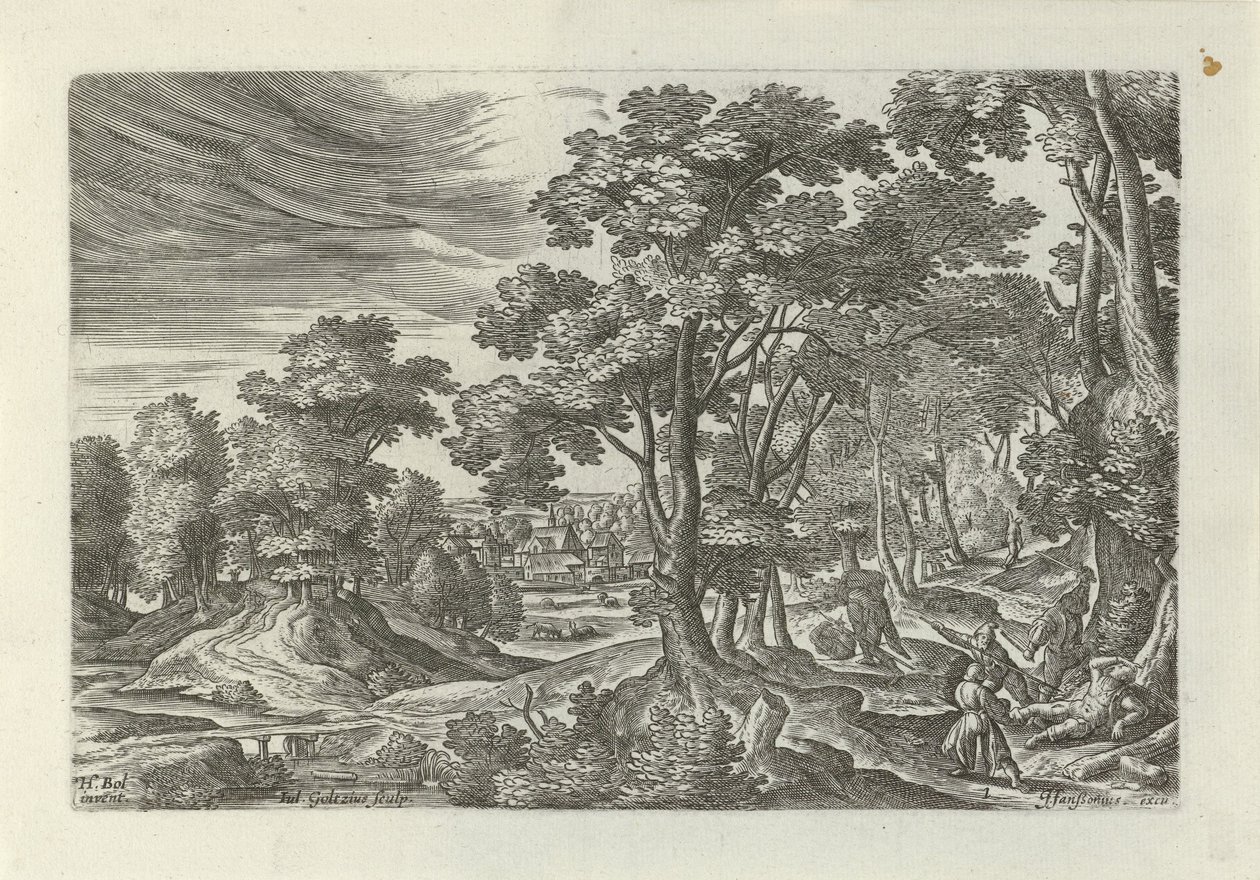 Landschaft mit Überfall auf den Reisenden von Julius Goltzius