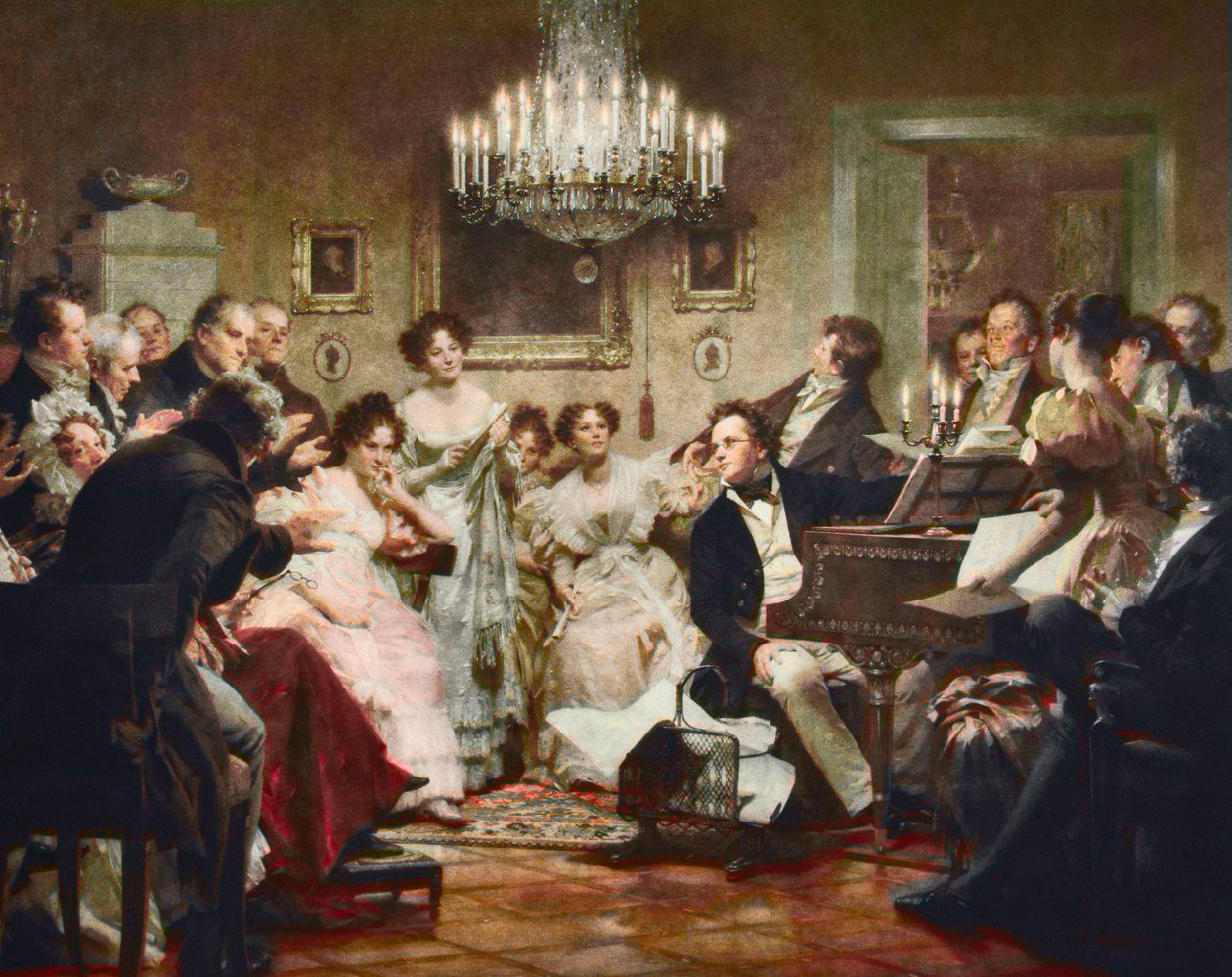 Franz Schubert (1797-1828) am Klavier während eines Schubert-Abends in einem Wiener Salon - Gravur nach Julius Schmid (1854-1935) von Julius Schmid