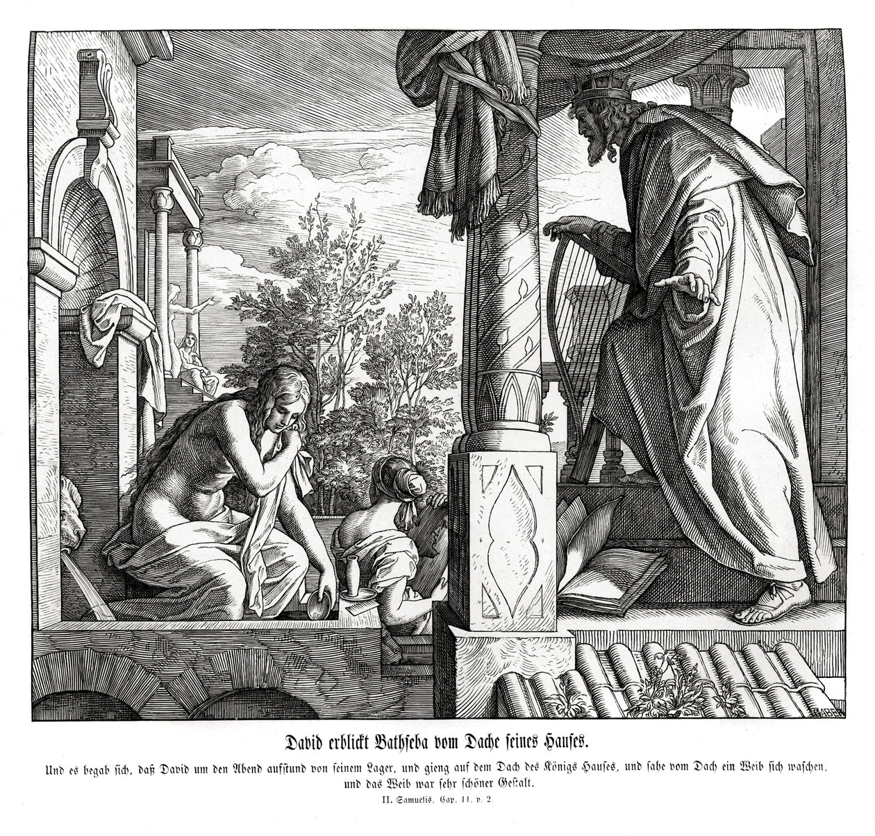 David sieht Bathseba auf dem Dach, 2. Samuel von Julius Schnorr von Carolsfeld