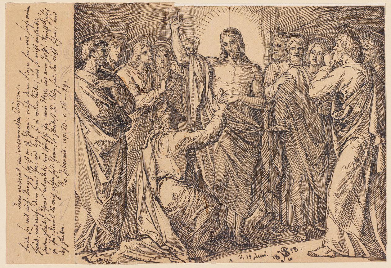 li.: Jesus erscheint den versammelten Jüngern. Friede sei mit euch. Danach spricht er zu Thomas: ...? von Julius Schnorr von Carolsfeld