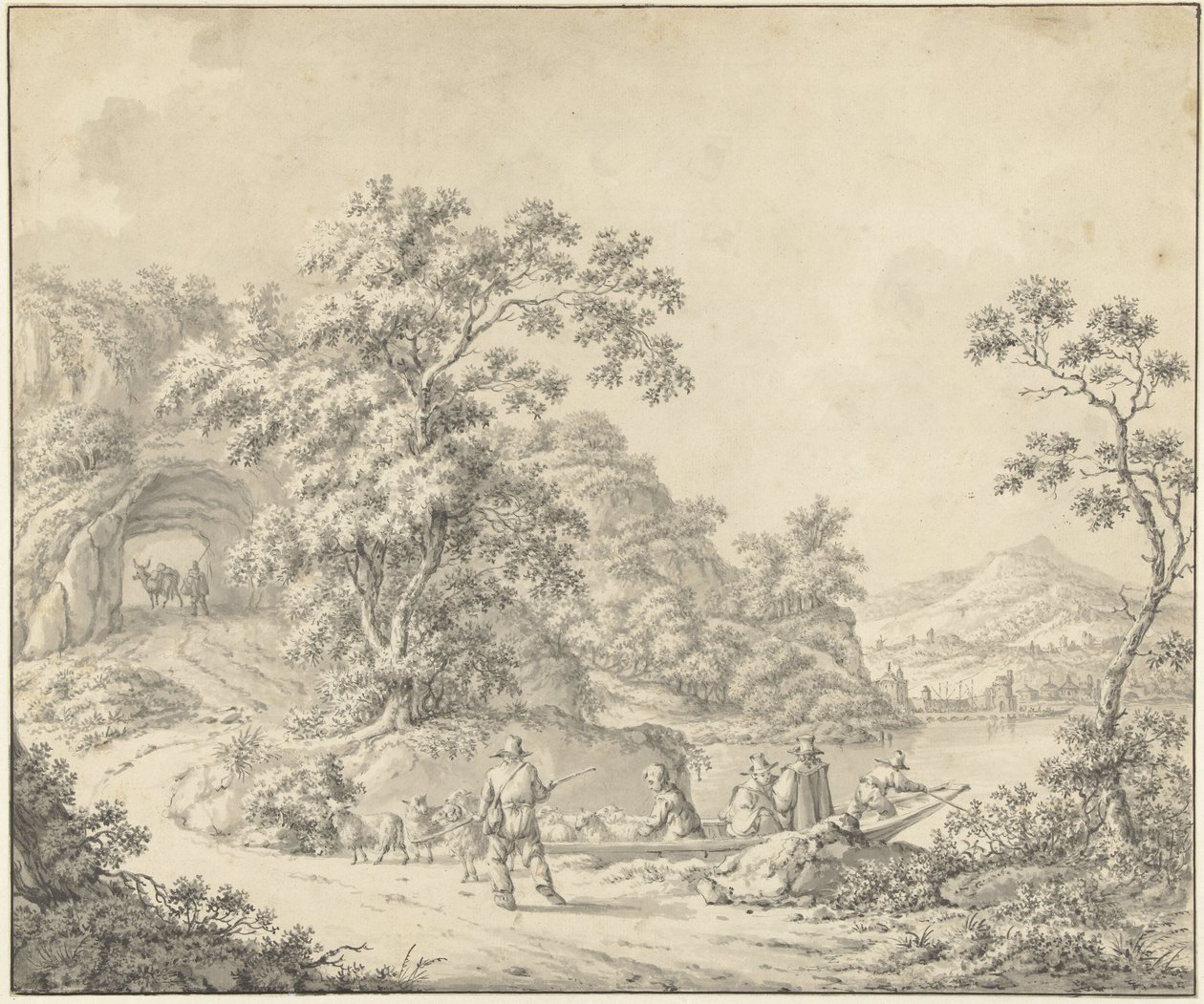 Landschaft mit einem Boot, in dem ein Schäfer mit seiner Herde sitzt von Jurriaan Andriessen (attributed to)