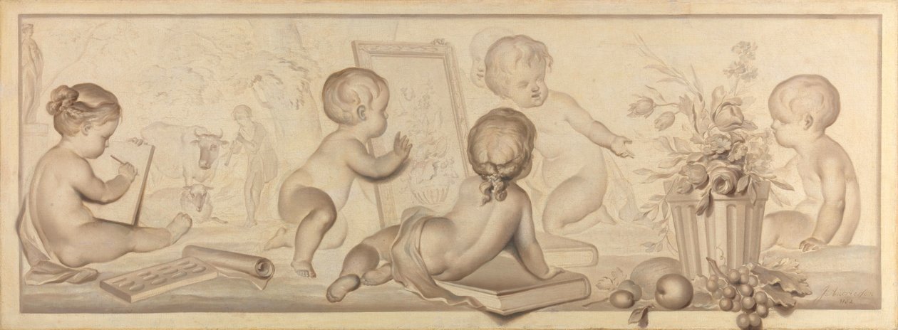 Sechs Putti mit Blumen und Früchten und Attributen der Zeichenkunst von Jurriaan Andriessen (signed by artist)
