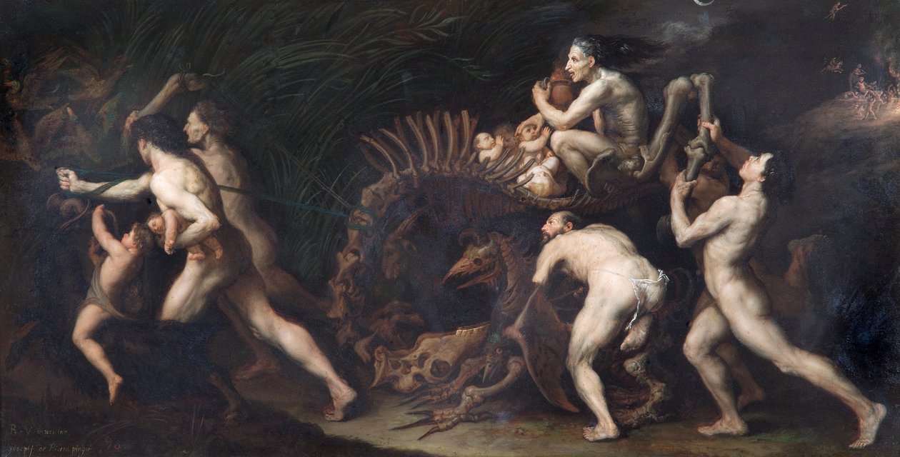 La Carcasse: Eine Hexe wird auf dem Skelett eines Monsters gezogen, vor ca. 1620 von Jusepe de Ribera