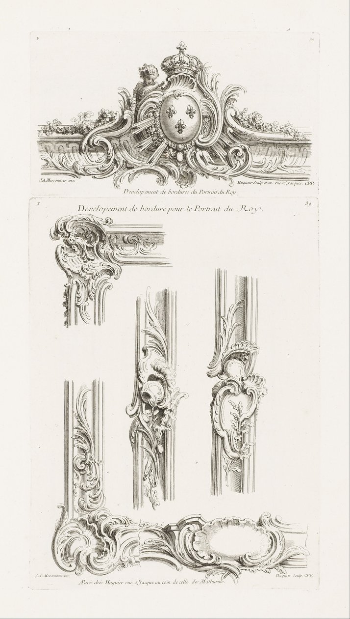 Entwurf einer Kartusche mit den Waffen des Königs in der Mitte eines Rahmens von Juste Aurèle Meissonnier