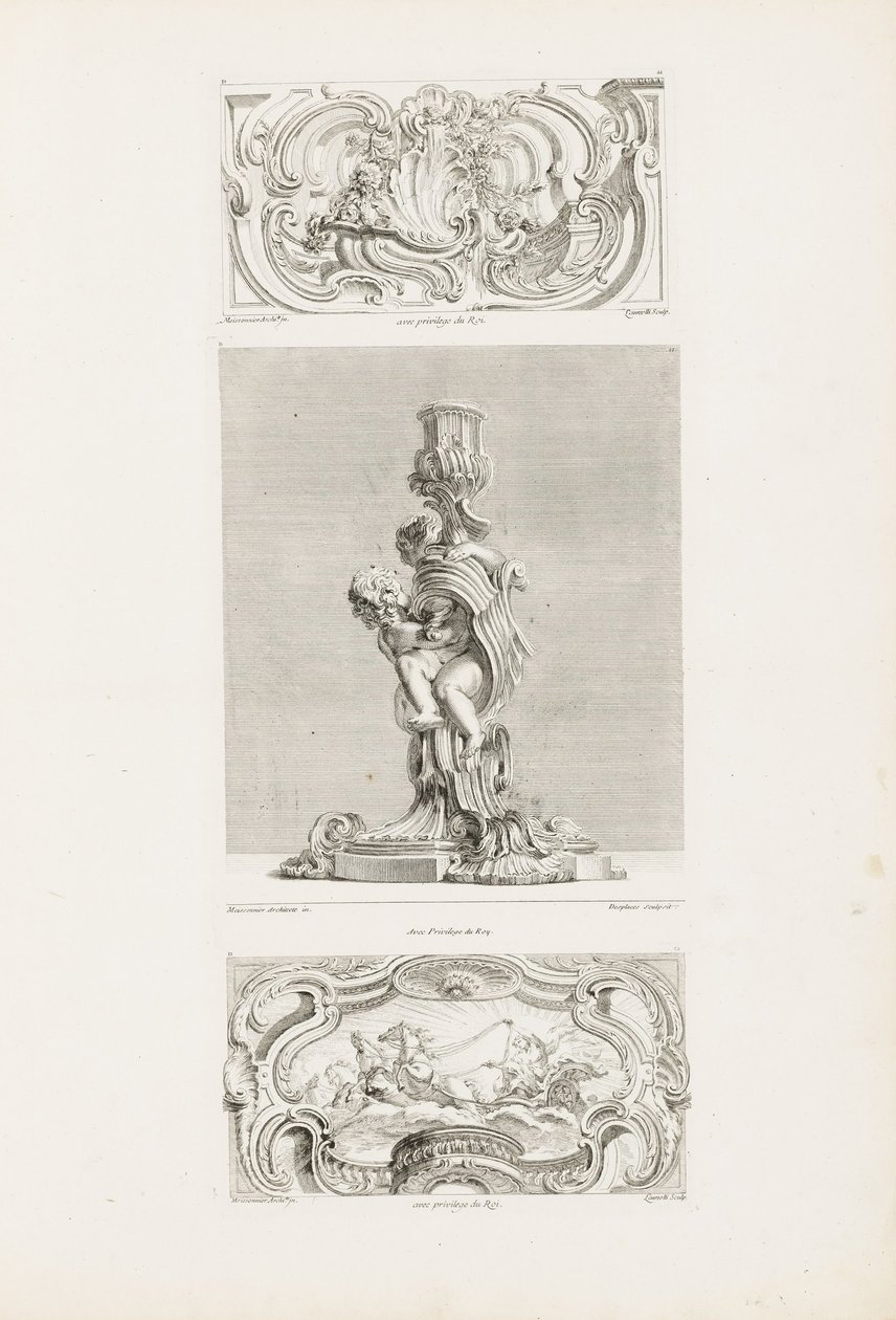 Ornamenttafel mit Muschelbrunnen, flankiert von Girlanden und Voluten, Tafel 22 in Oeuvre de Juste-Aurèle... von Juste Aurèle Meissonnier