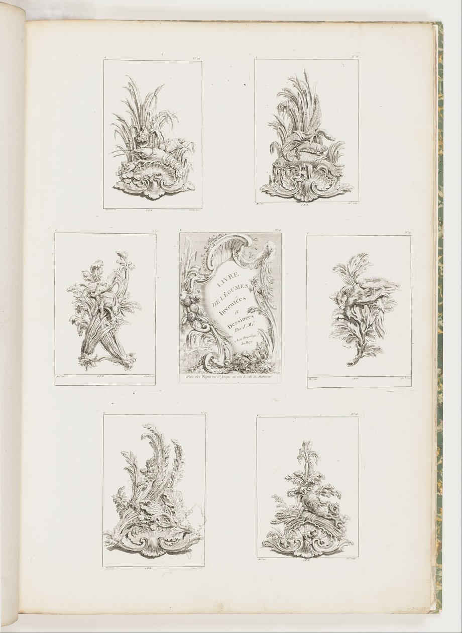 Ornamententwurf mit Krebs-Motiv, Tafel 14 in Livre des Légumes (Serie von Gemüseornamenten) von Juste Aurèle Meissonnier
