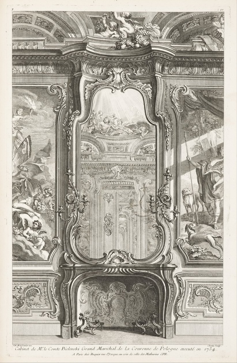Kabinett von Herrn Graf Bielenski, Großmarschall der Krone von Polen, ausgeführt 1734; Kamin mit Spiegel, mit auf jeder Seite einem Teil der Wandverkleidung und Gemälden, 1. Platte von Juste Aurèle Meissonnier