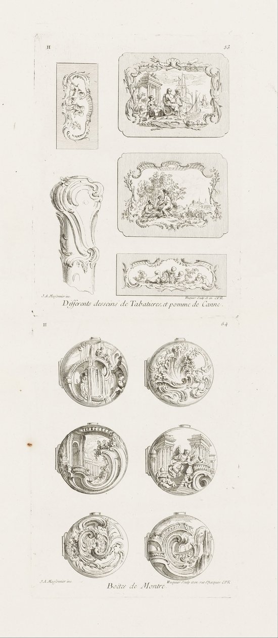 Verschiedene Entwürfe für Schnupftabakdosen und einen Stockgriff, 5. Tafel, Tafel 53 in Oeuvre de Juste-Aurèle Meissonnier von Juste Aurèle Meissonnier