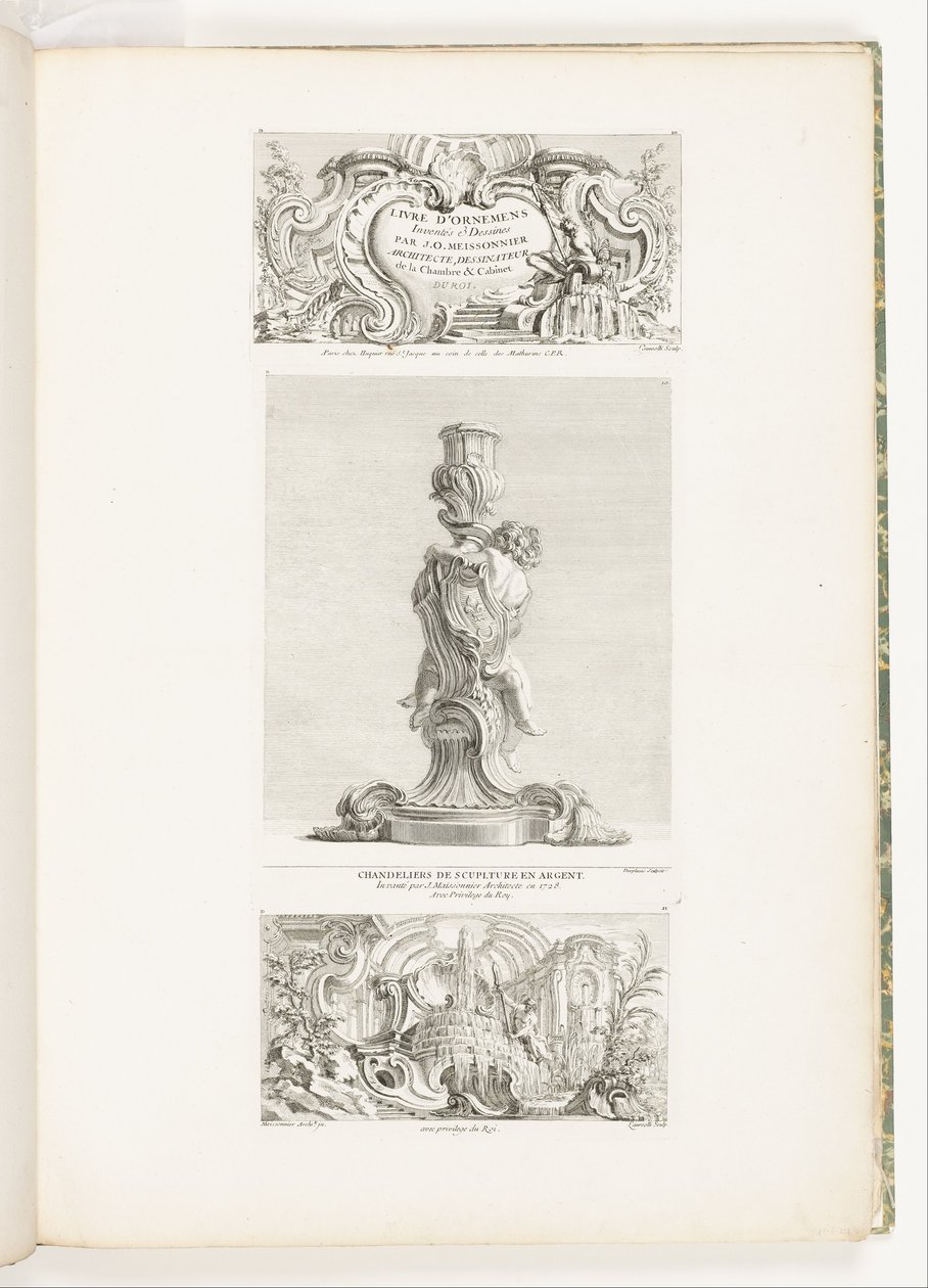 Bücher der Ornamente erfunden und gezeichnet von J.A. Meissonnier Architekt, Zeichner der Kammer und des Kabinetts des Königs, Tafel 20 in Oeuvres de Juste-Aurèle Meissonnier von Juste Aurèle Meissonnier