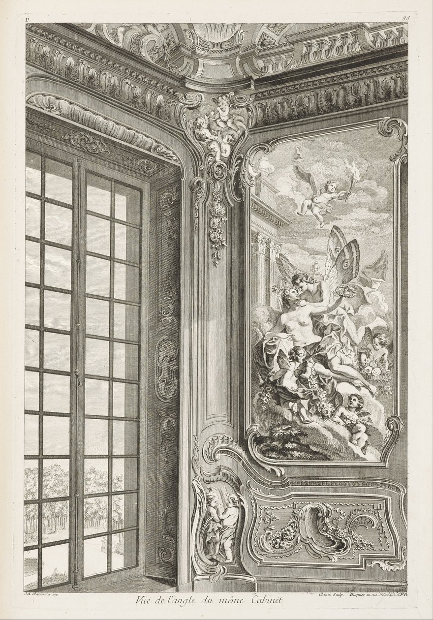Ansicht der Ecke desselben Kabinetts; Ansicht der Ecke desselben Kabinetts, zeigt links ein großes Fenster und rechts das Gemälde von Zephyr und Flora, 2. Platte von Juste Aurèle Meissonnier