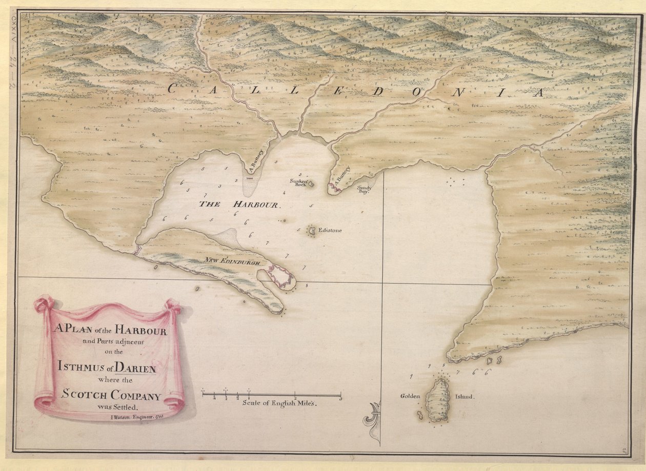 Plan des Hafens und der angrenzenden Teile auf der Landenge von Darien, wo die schottische Gesellschaft angesiedelt war. I. Watson: Ingenieur: 1743 von Justly Watson