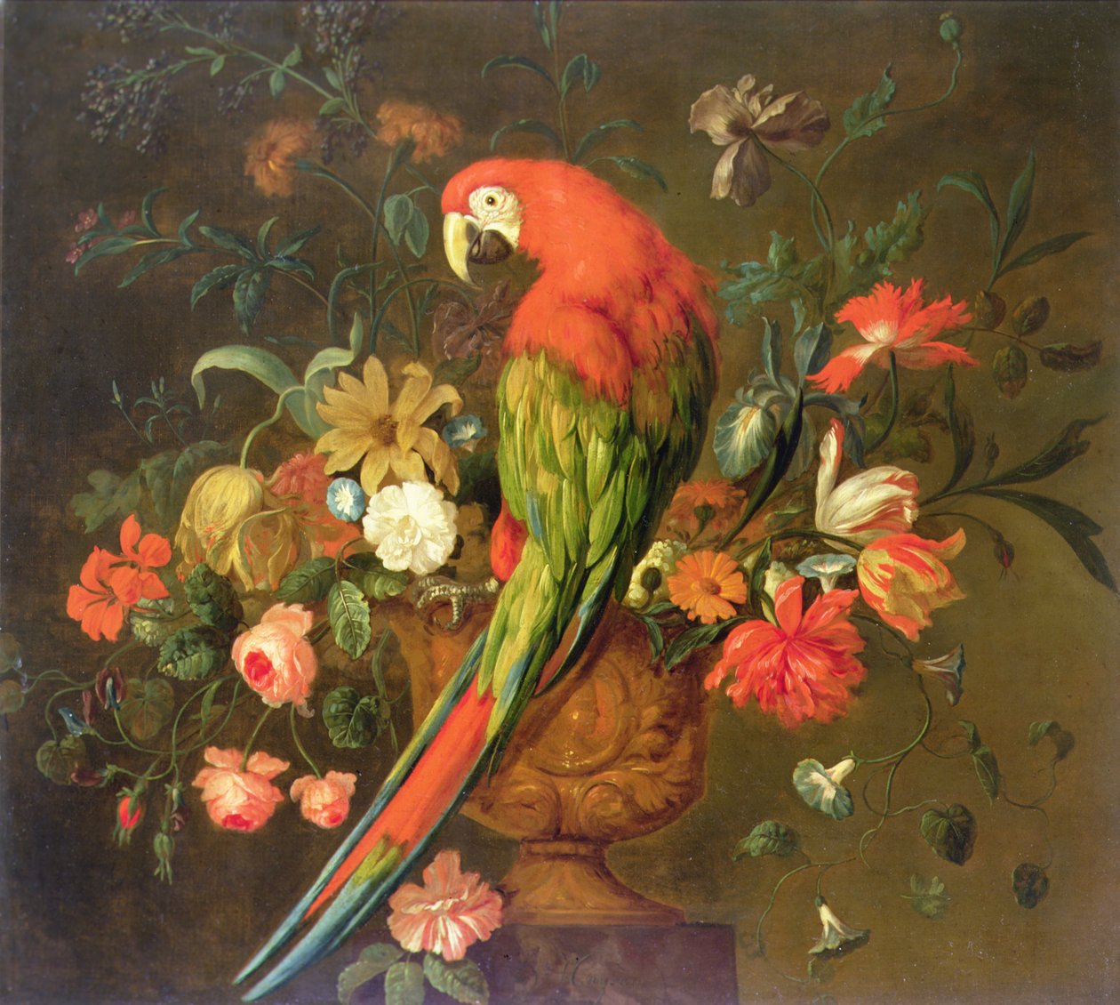 Scharlachara auf einer skulptierten Urne mit Blumen von Justus van Huysum