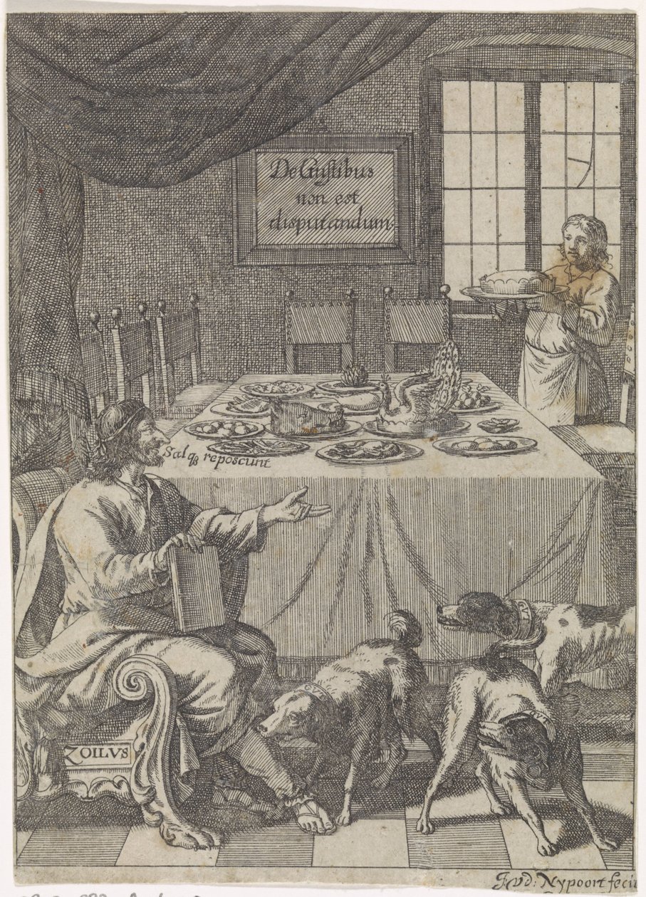 Zoilus sitzt an einem gedeckten Tisch (De Gustibus non est disputandum) von Justus van den Nijpoort