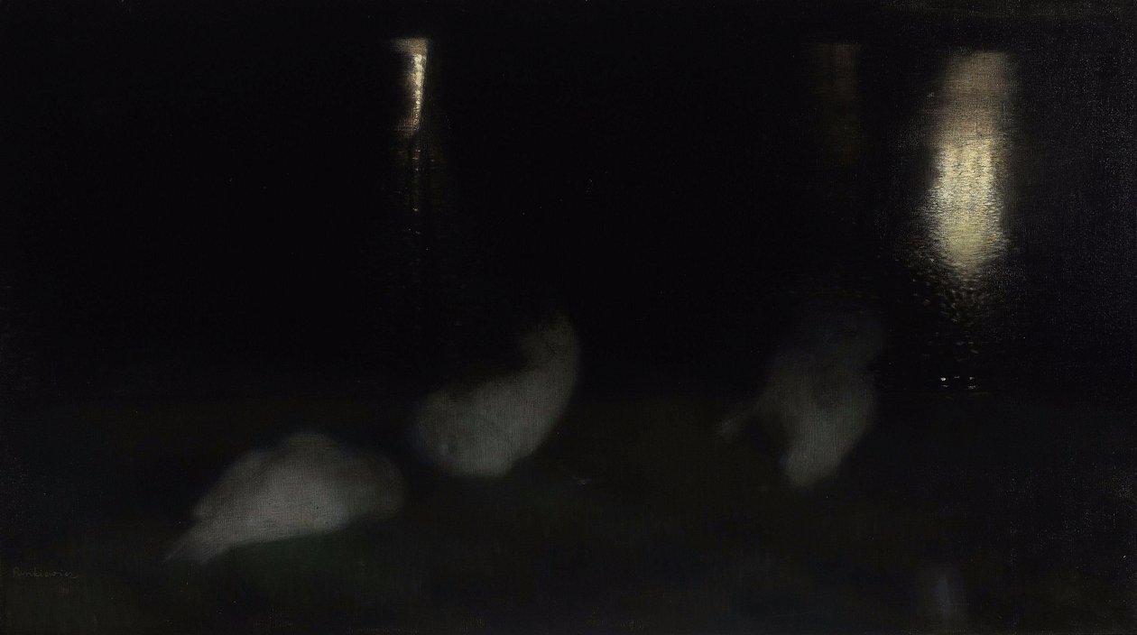 Nocturne. Schwäne im Sächsischen Garten in Warschau bei Nacht von Jozef Pankiewicz