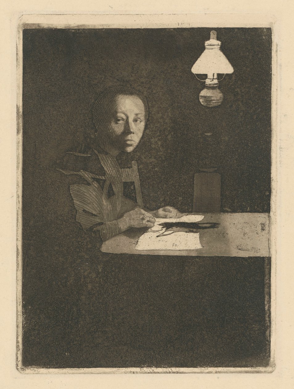 Selbstbildnis am Tisch (Endgültige Fassung, 3. Zustand) von Käthe Kollwitz