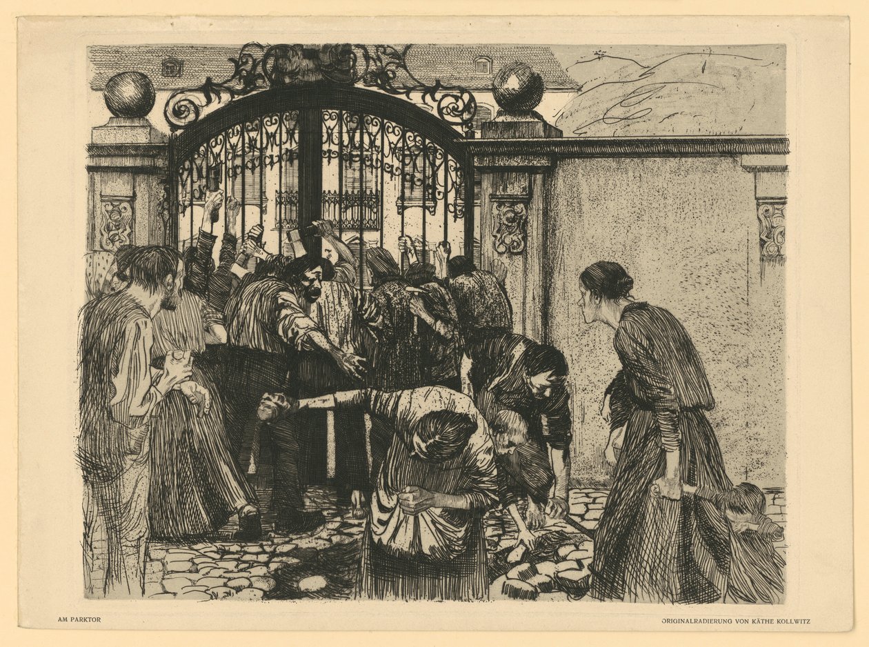 Sturm [Am Parktor] (Blatt 5 aus "Ein Weberaufstand", 2. Zustand) von Käthe Kollwitz