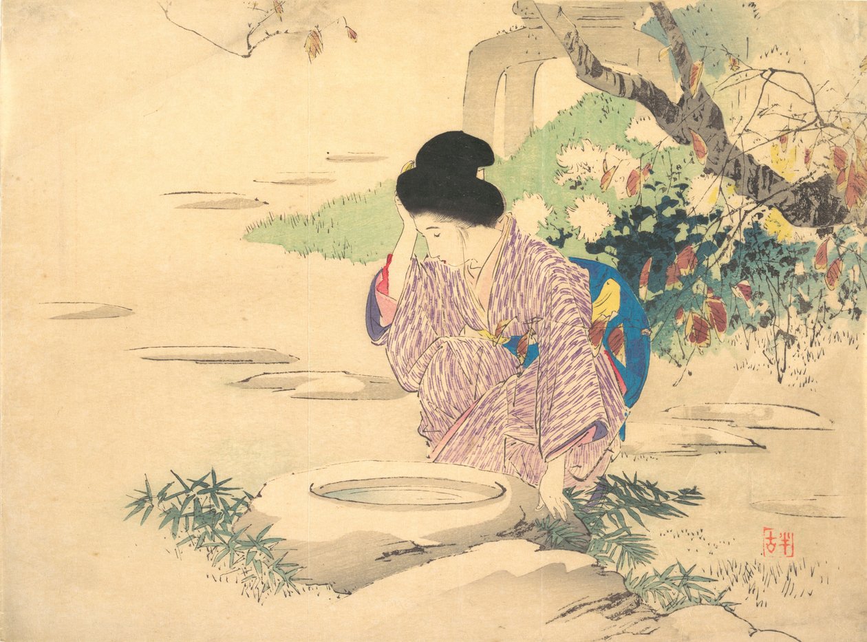 Frau in einem Garten, spätes 19. bis frühes 20. Jahrhundert von Kajita Hanko