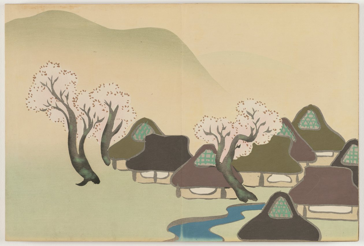 Blumen von hundert Welten (Momoyogusa): Bauerndorf im Frühling von Kamisaka Sekka