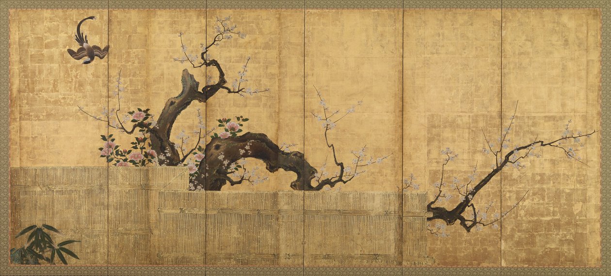 Blühender Pflaumenbaum und Kamelie in einer Gartenlandschaft, Edo-Periode, spätes 16. bis frühes 17. Jahrhundert von Kano Koi