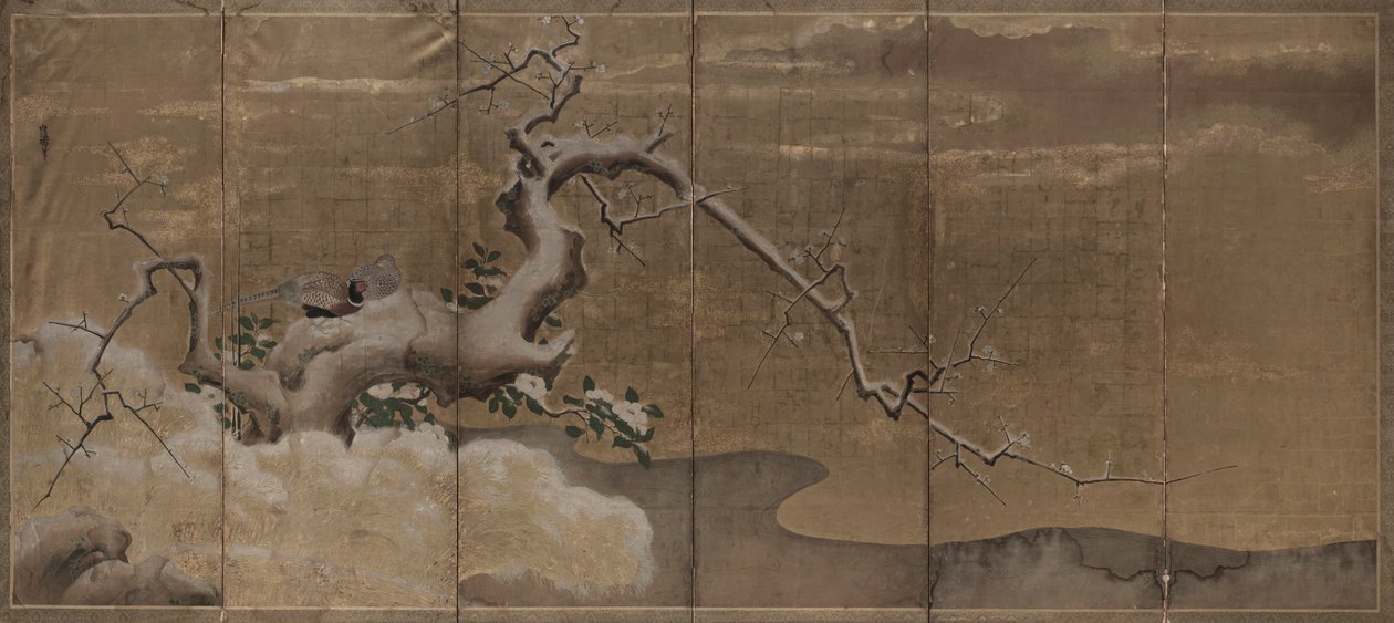 Winterszene mit Pflaumenbäumen und Fasanen, frühe 1600er Jahre von Kano Naonobu