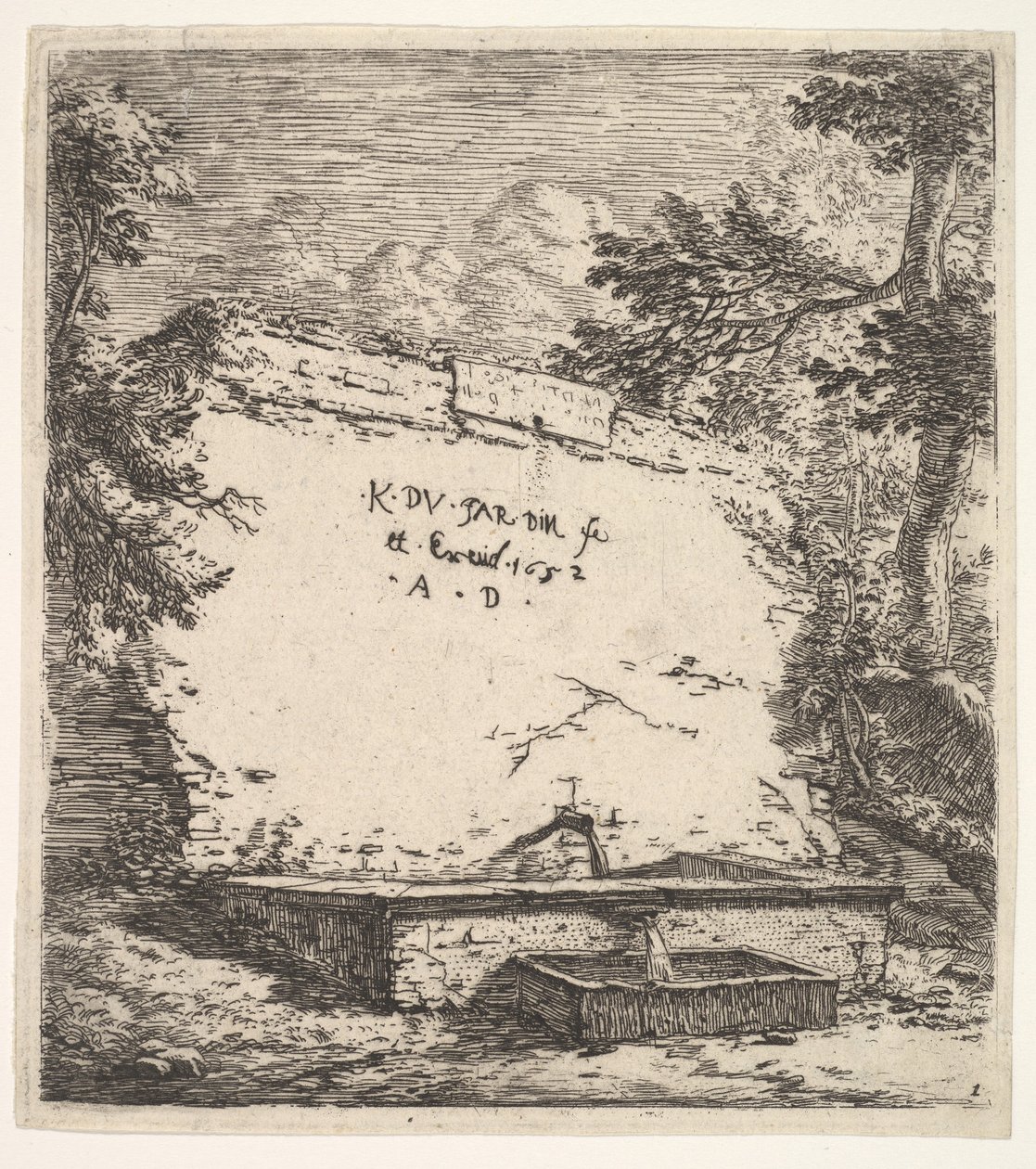 Frontispiz mit gestufter Fontäne, eine Steinmauer mit Wasserspeier, der Wasser in ein Rec..., 1652 von Karel Du Jardin
