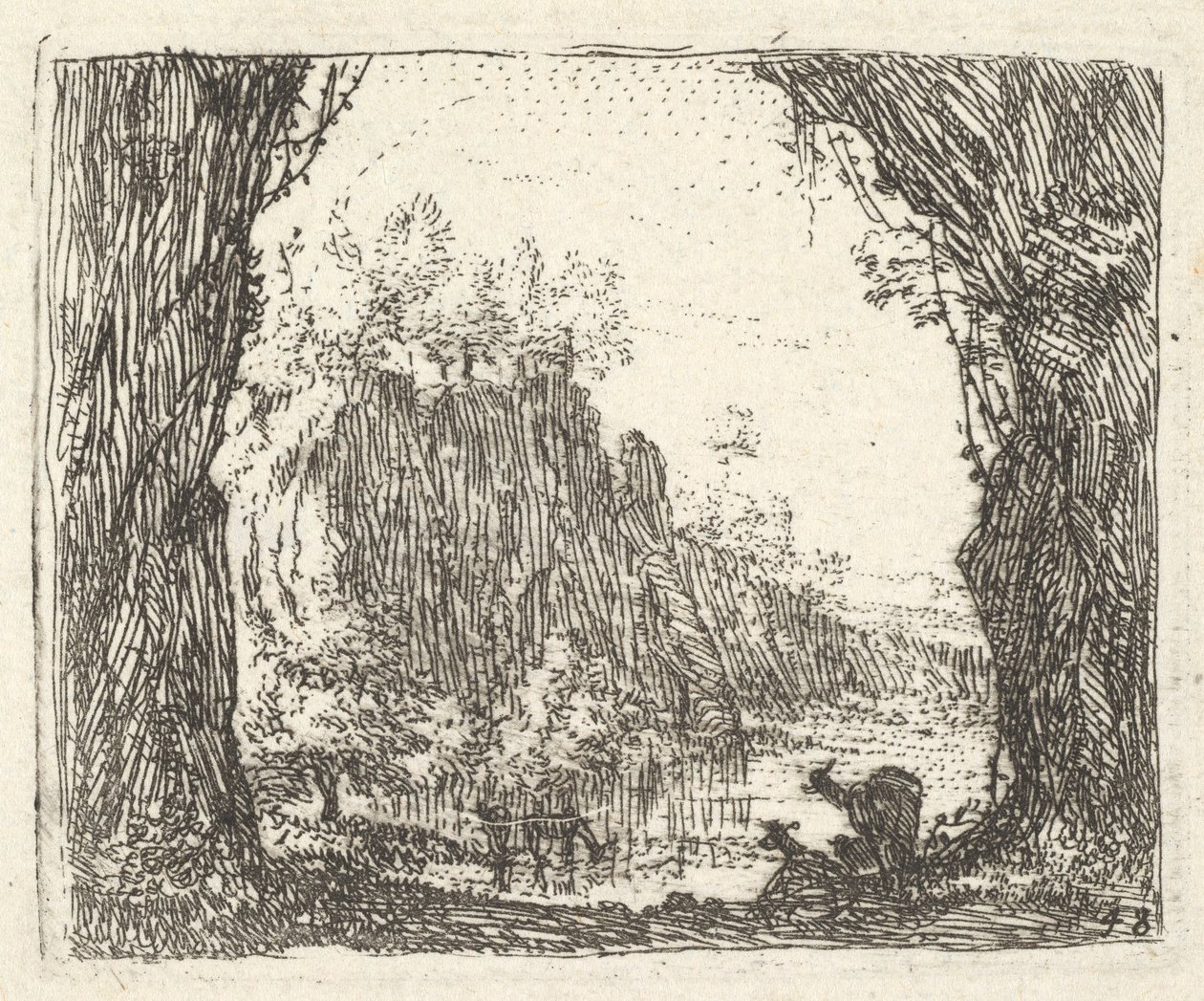 Landschaft flankiert von Bäumen im linken und rechten Vordergrund, Silhouetten von zwei Ziegen..., ca. 1641-78 von Karel Du Jardin