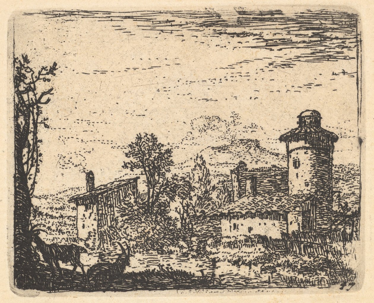 Landschaft mit zwei gehörnten Ziegen im Schatten im Vordergrund, Dorfgebäude dahinter von Karel Du Jardin