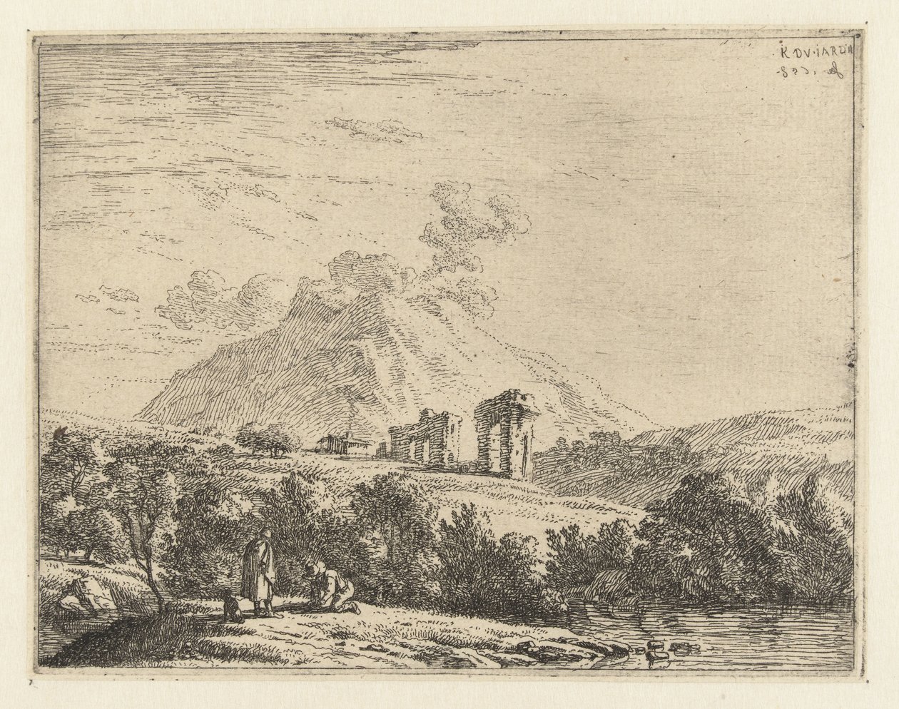 Landschaft mit Ruine und zwei Männern mit einem Hund von Karel Du Jardin