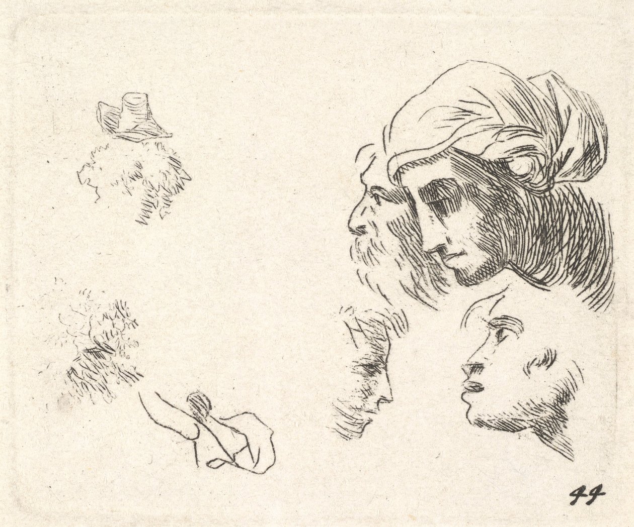Studie von Köpfen im Profil, eine Frau mit Kopftuch und ein bärtiger Mann, deren Köpfe ..., ca. 1641-78 von Karel Du Jardin