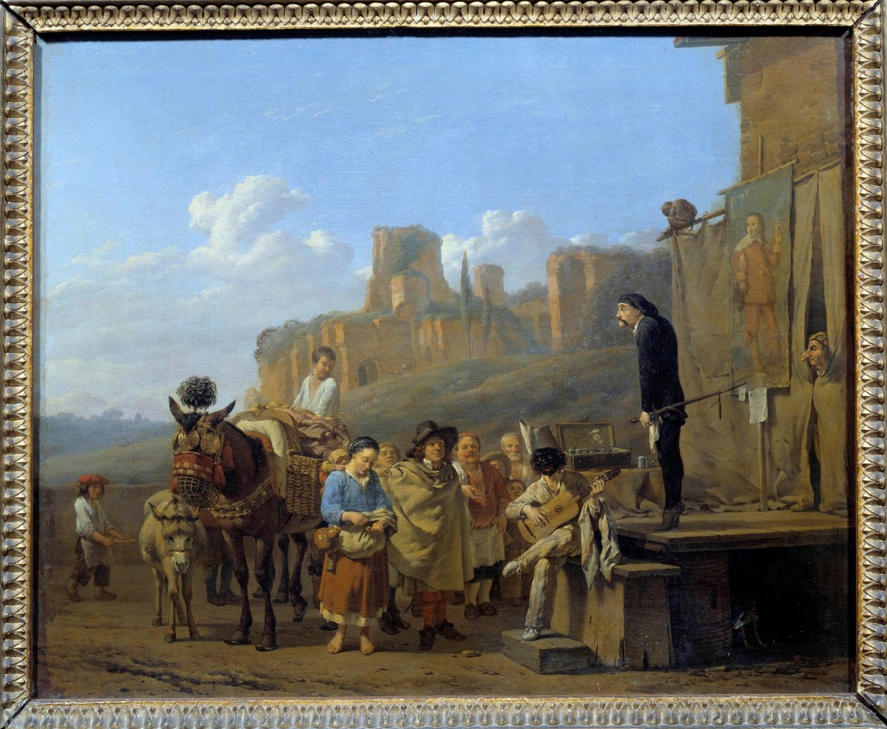 Die italienischen Charlatane, Wanderhändler, die Drogen auf öffentlichen Plätzen verkauften. Gemälde von Karel Dujardin (1621-1678) 1657 von Karel Dujardin