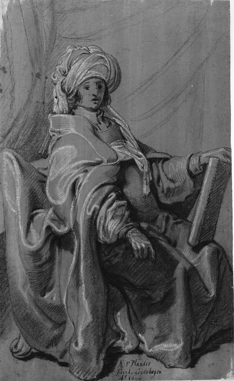 Sitzende Figur in Mantel und Turban, ein Buch haltend. Nach rechts gewandt. von Karel van III Mander
