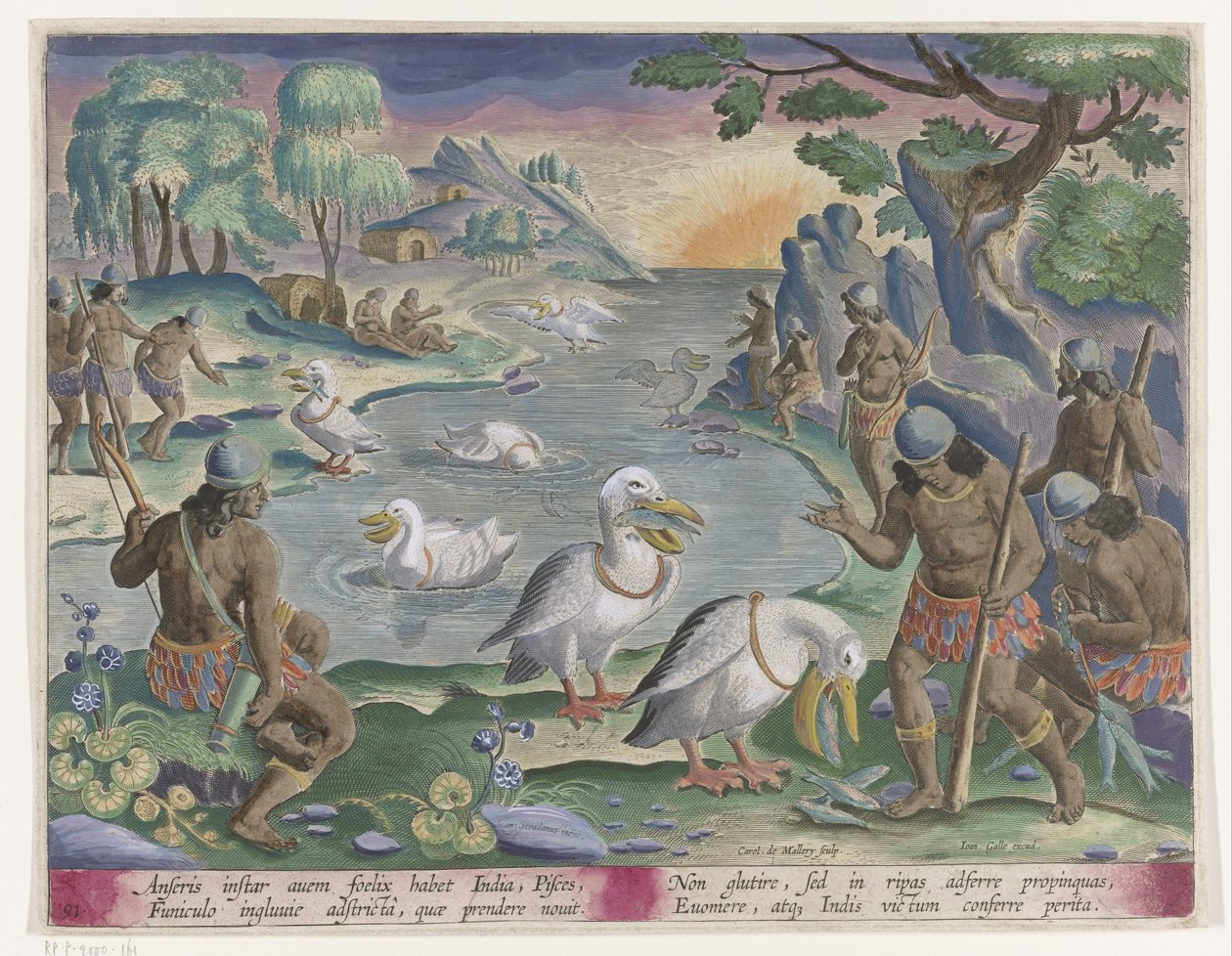 Fischfang mit Hilfe von Pelikanen (Jagdszenen, Venationes Ferarum, auium, piscium pvgnae Bestiariorum) von Karel van Mallery