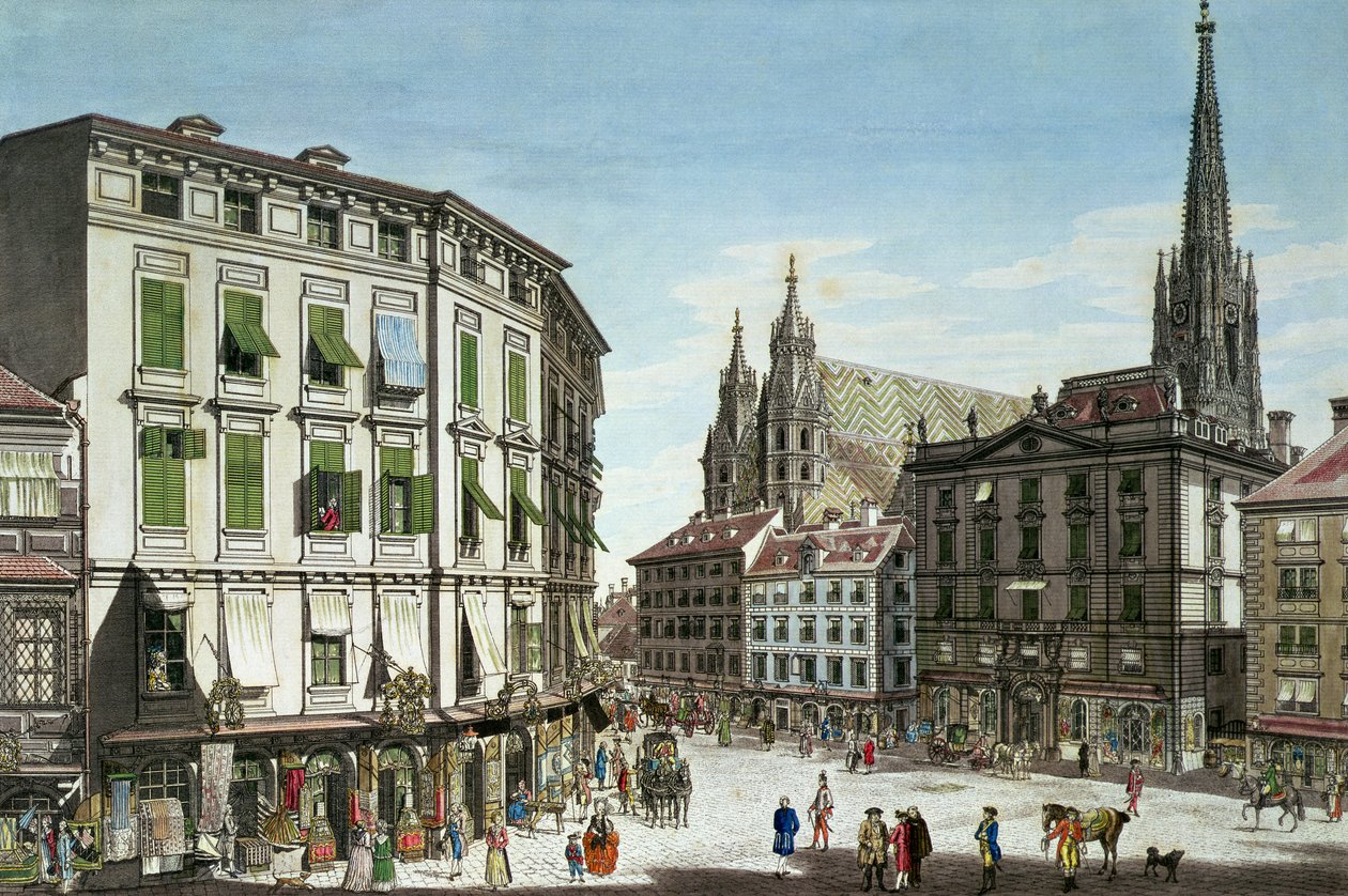 Stock-im-Eisen-Platz, mit dem Stephansdom im Hintergrund, graviert vom Künstler, 1779 von Carl Schütz