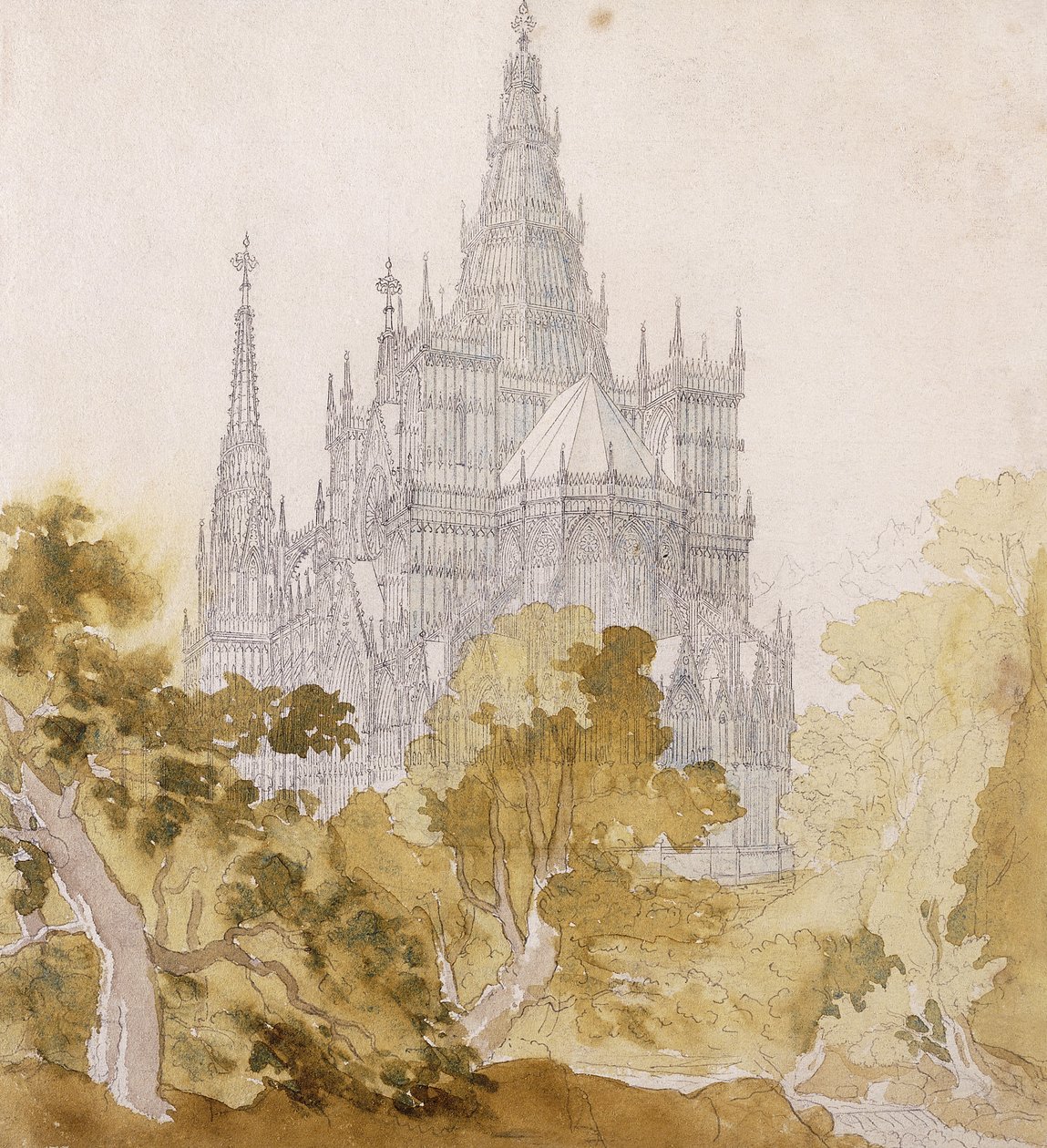 Eine gotische Kathedrale hinter Bäumen, 1814-15 von Karl Friedrich Schinkel