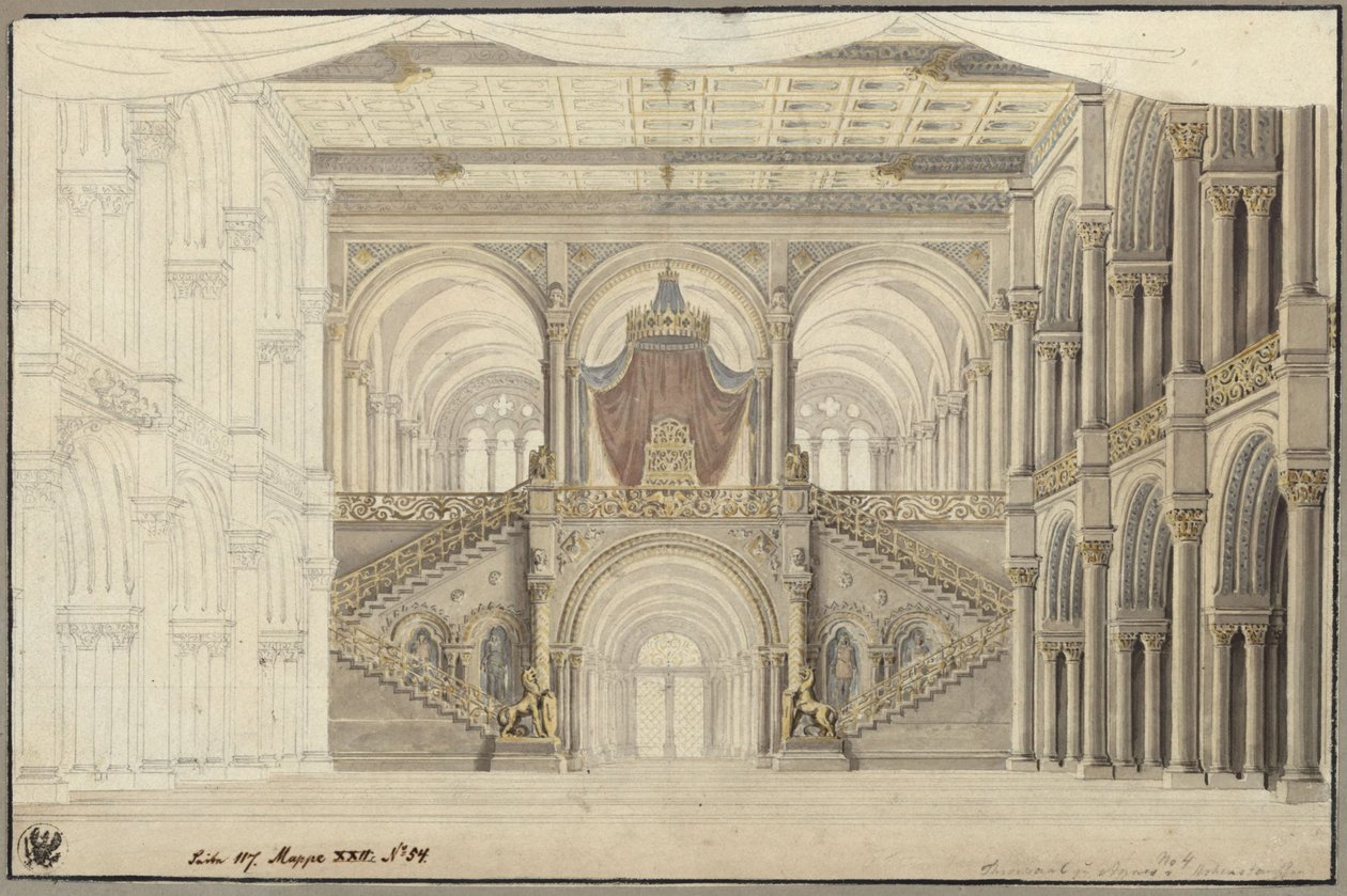 Agnes von Hohenstaufen. Oper von Gaspare Spontini. Entwurf zur 3. Dekoration. Thronsaal von Karl Friedrich Schinkel